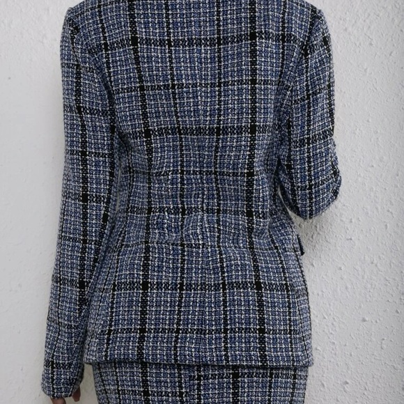 Double Button Raw Hem Plaid Tweed Blazer & Skirt Set - Picture 3 of 3